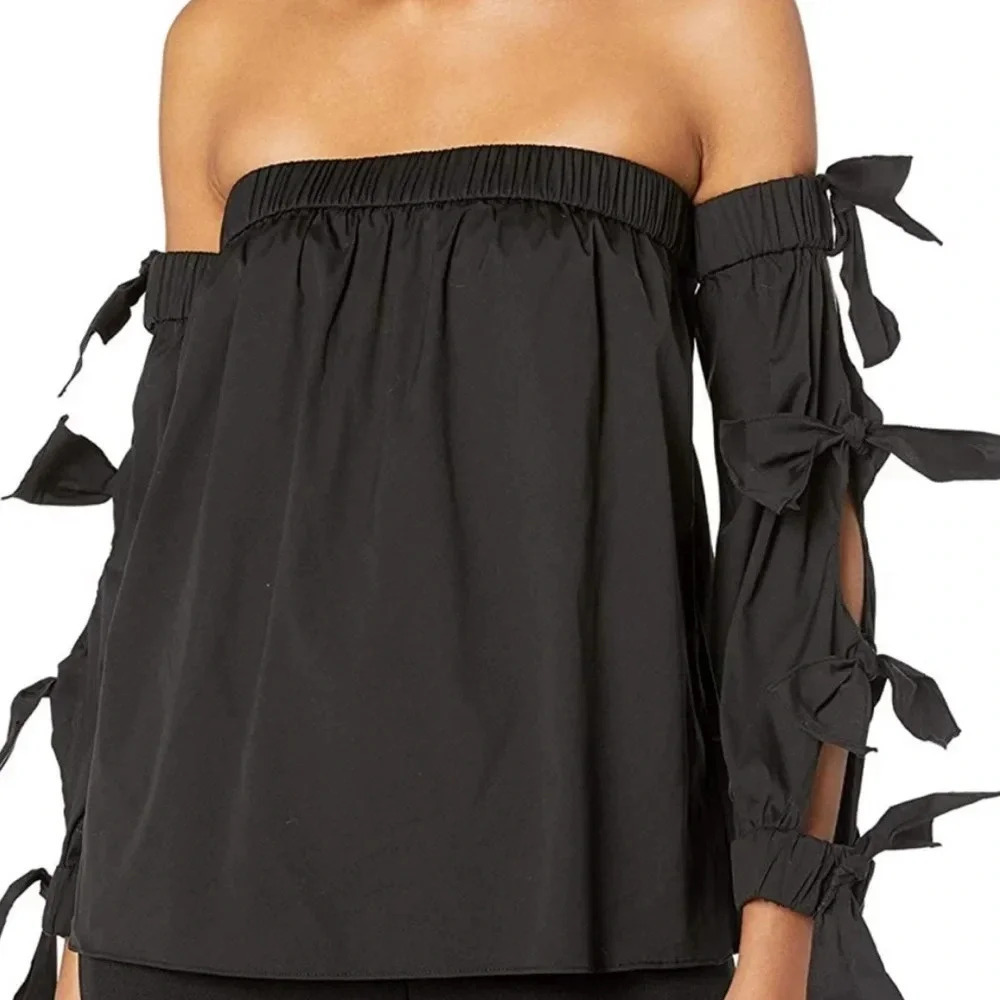 Milly Blythe New Bow Sleeve Black and White Off the Shoulder Blouse - Picture 4 of 12